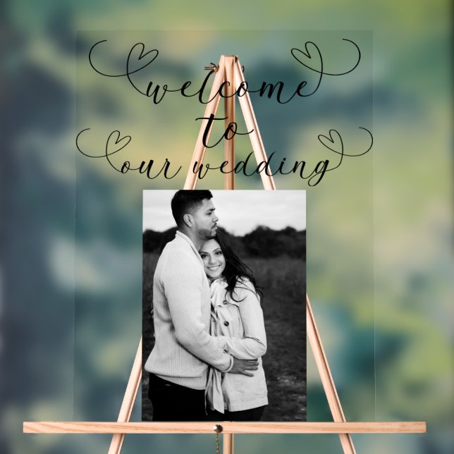 Modern Hearts Black White Minimal Wedding Welcome Acrylic Sign (Neutral)