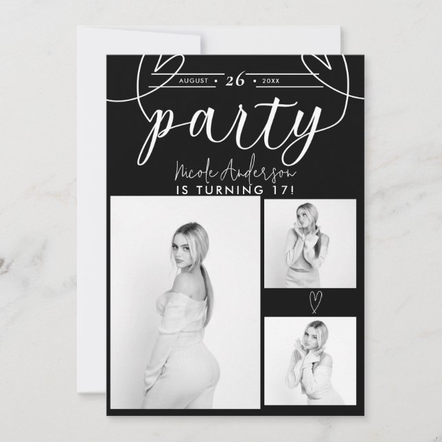 Modern Hearts Black & White Photo Birthday Party (Front)