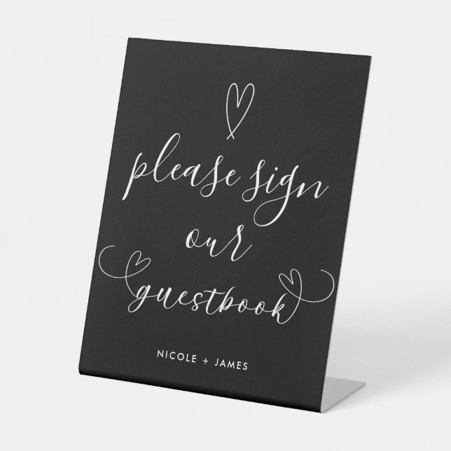 Modern Hearts Black & White Wedding Guestbook Sign (Front)