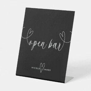 Modern Hearts Black & White Wedding Open Bar Pedestal Sign