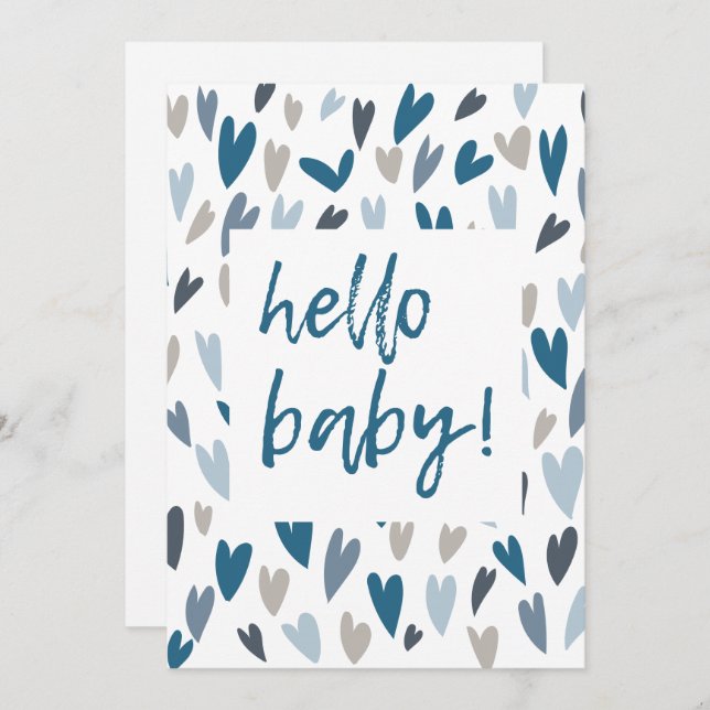 Modern Hearts Blue Boy Hello Baby Shower Invitation (Front/Back)