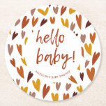 Modern Hearts Gender Neutral Baby Shower Party Round Paper Coaster<br><div class="desc">Complete the decor for your baby shower with these cute coasters, featuring a cute hearts pattern in a gender neutral colour palette of warm red, terracotta and mustard. "Hello Baby!" in a cute calligraphy script and personalize the text line with your own information. All colours of these baby shower paper...</div>