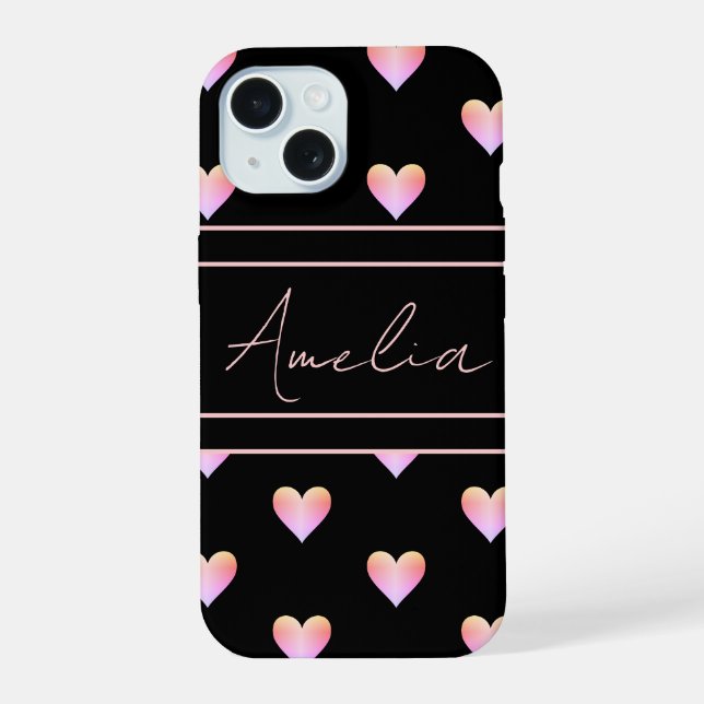 Modern Hearts Pattern Black Pink Personalized iPhone 15 Case (Back)