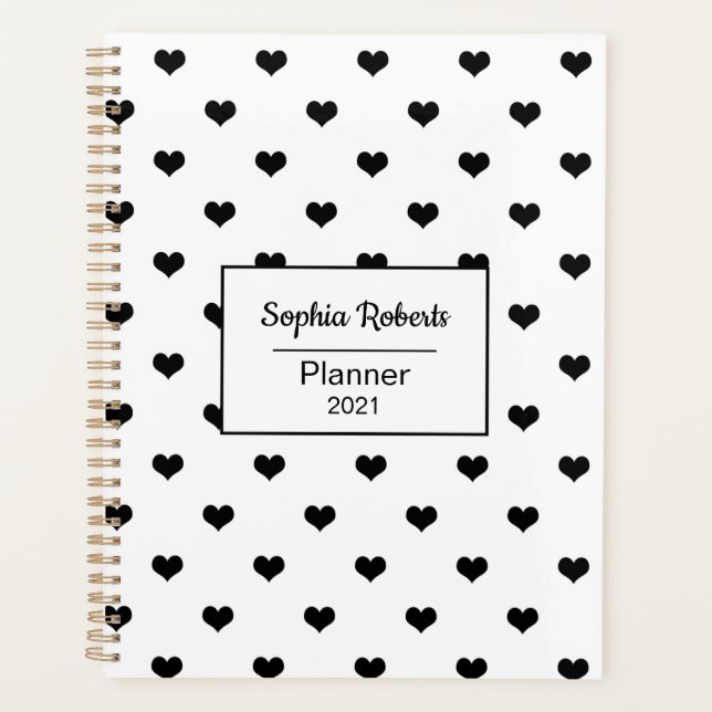 Modern hearts pattern black & white personalized planner (Front)