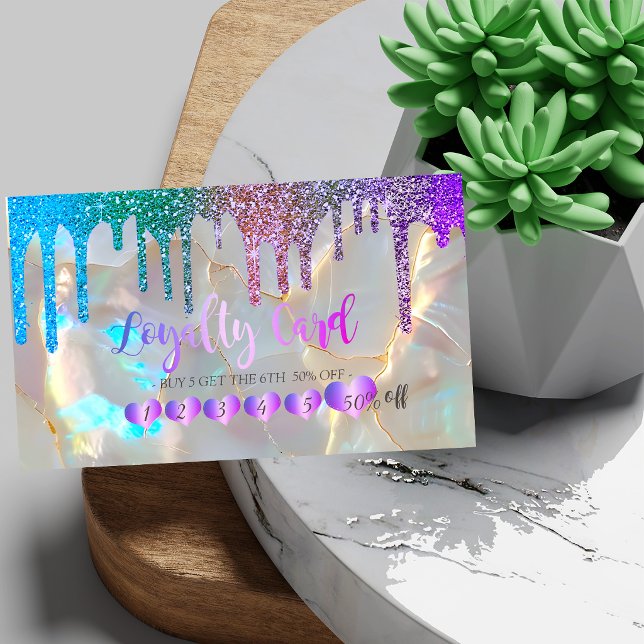 Modern Hearts Rainbow Glitter Drips Opal Stone Loyalty Card (Creator Uploaded)