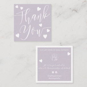 Modern hearts thank you script order lavender square business card