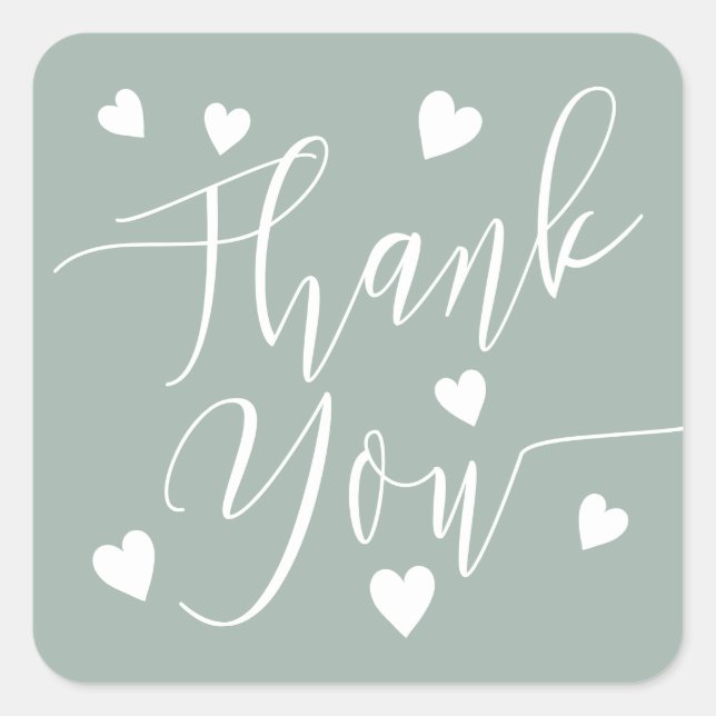 Modern hearts thank you script order sage green square sticker (Front)