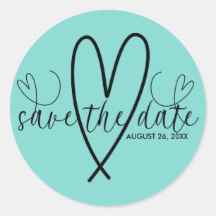 Modern Hearts Turquoise Blue Green Save the Date Classic Round Sticker