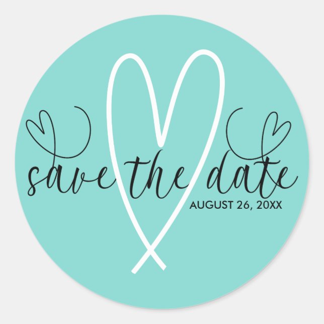 Modern Hearts Turquoise Blue Green Save the Date Classic Round Sticker (Front)