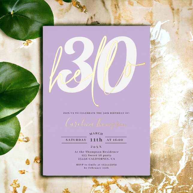 Modern hello 30 birthday photo purple gold script (Modern hello 30 birthday photo purple gold script foil invitation)