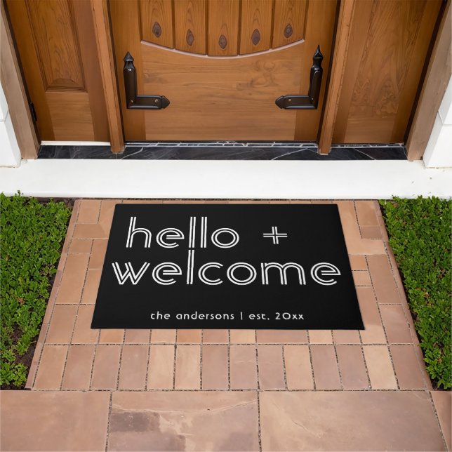 Modern Hello and Welcome Personalized Est Date Doormat (Outdoor)