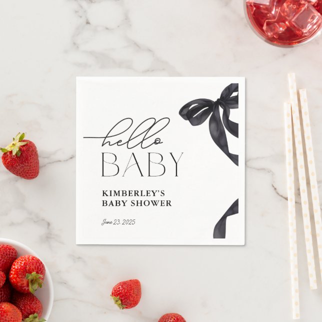 Modern Hello Baby Black Bow Baby Shower  Napkin (Insitu)