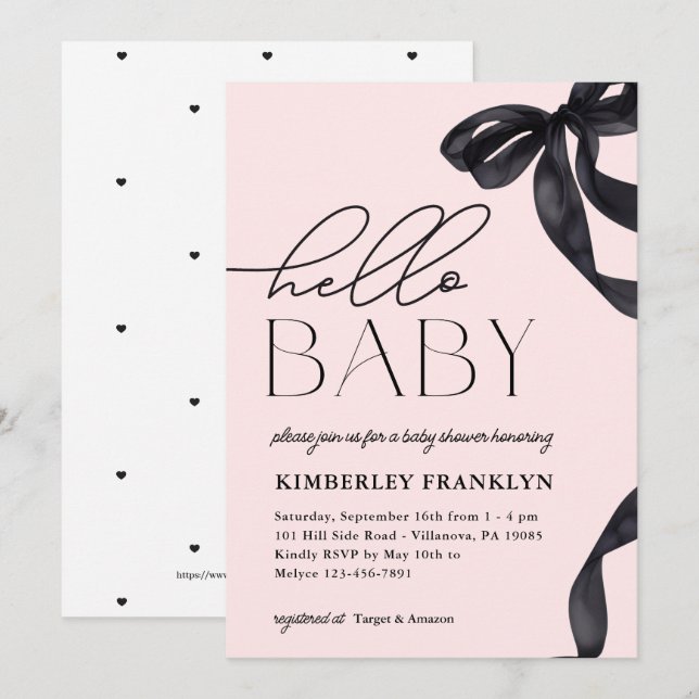 Modern Hello Baby Bow Girl Baby Shower Invitation (Front/Back)