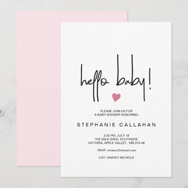 Modern Hello Baby Girl Shower Invite Pink Heart (Front/Back)