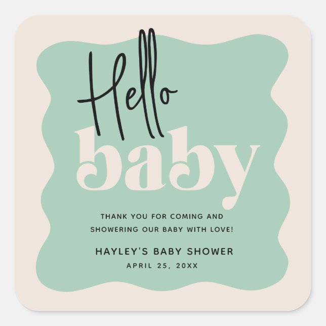 Modern Hello Baby Mint Green & Cream Baby Shower  Square Sticker (Front)