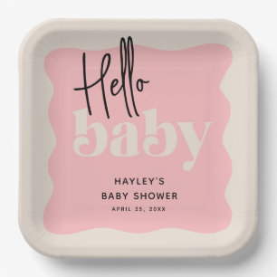 Modern Hello Baby Pink & Cream Baby Shower Paper Plate