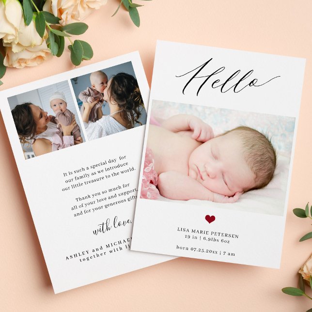 Modern hello baby simple script 3 photo birth announcement (Creator Uploaded)