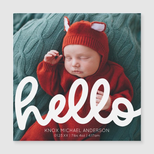 Modern Hello Birth Announcement with Photo Magnet (Front)