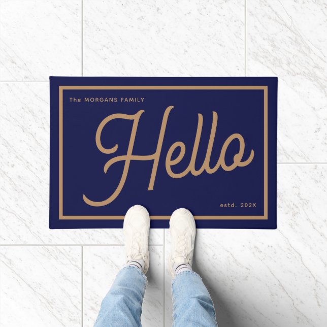 Modern Hello Blue Gold Script Family Name Doormat (Indoor)