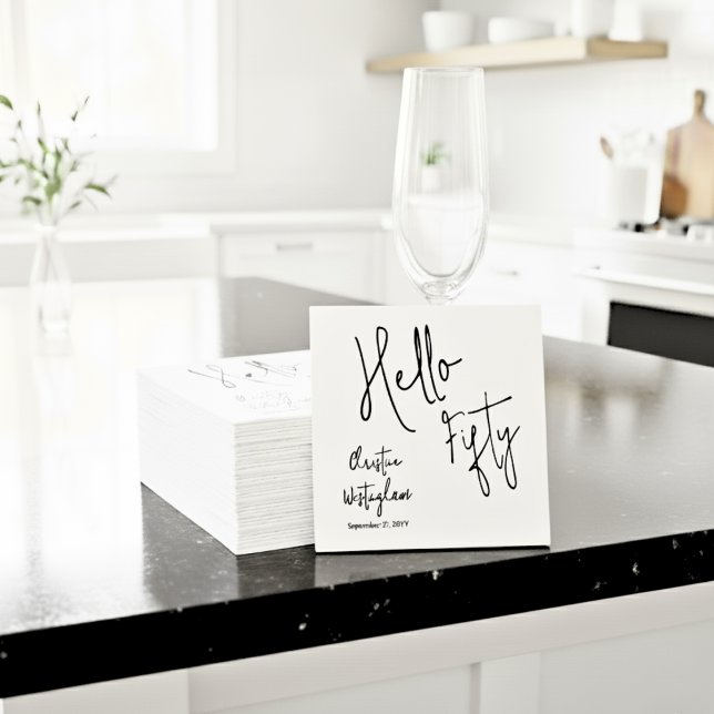 Modern Hello Fifty Script 50th Birthday Cocktail Napkin (Creator Uploaded)
