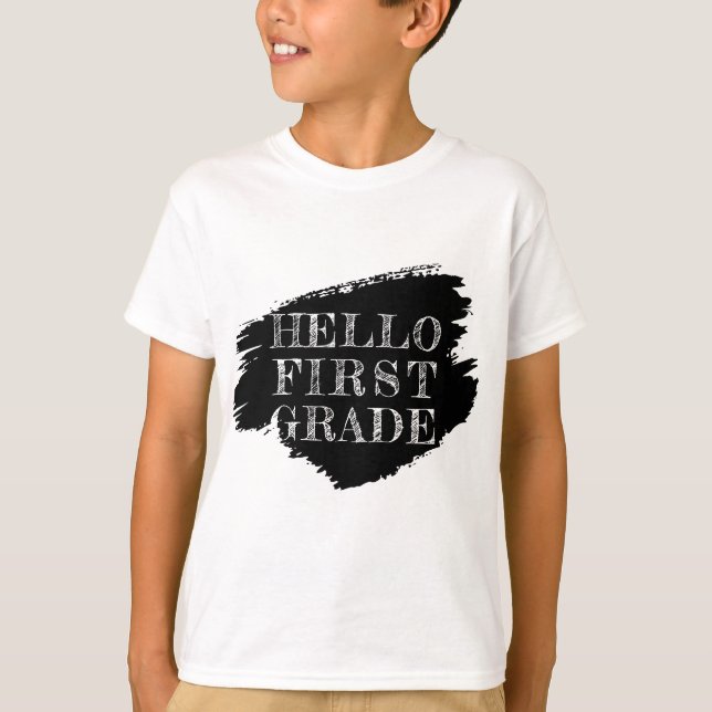 Modern Hello First Grade Kids Black and White T-Shirt (Front)