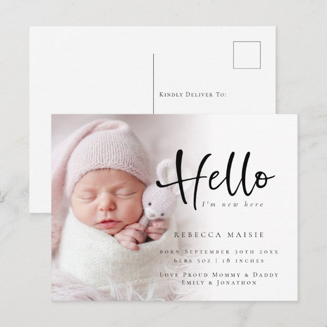 Modern Hello New Baby Photo Birth Announcement Pos Postcard (Front/Back)