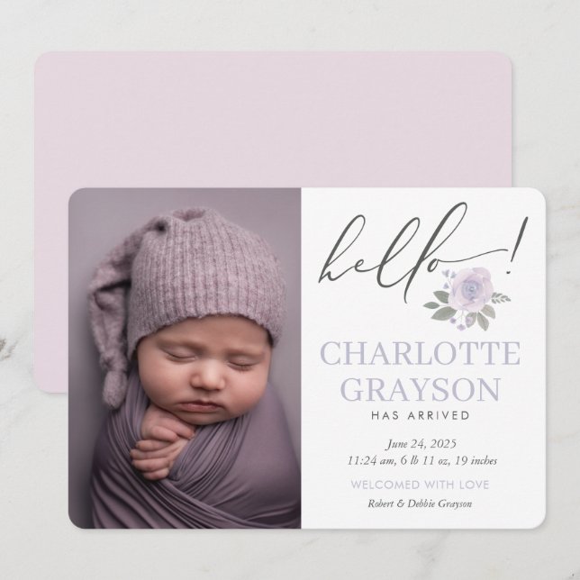 Modern Hello Photo Baby Birth Announcement Card (Front/Back)