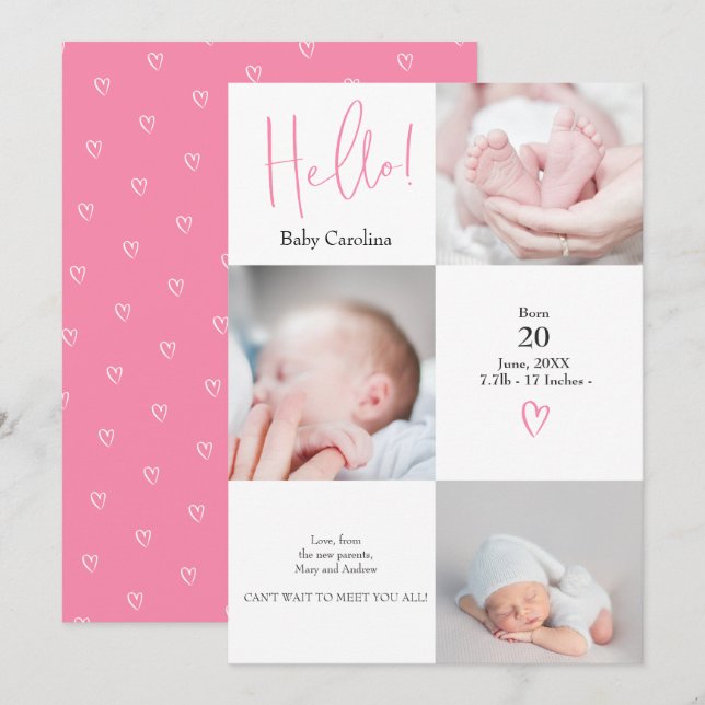Modern hello pink white 3 photos baby birth announcement (Front/Back)