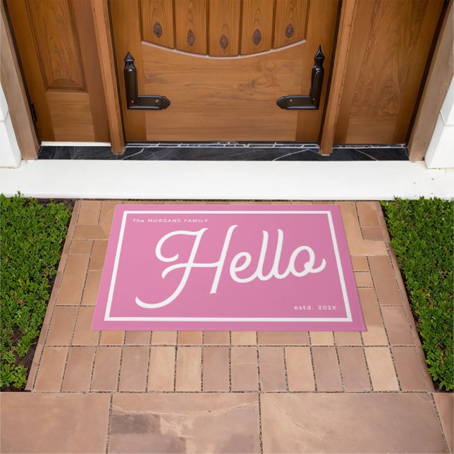 Modern Hello Pink White Script Family Name Doormat (Outdoor)