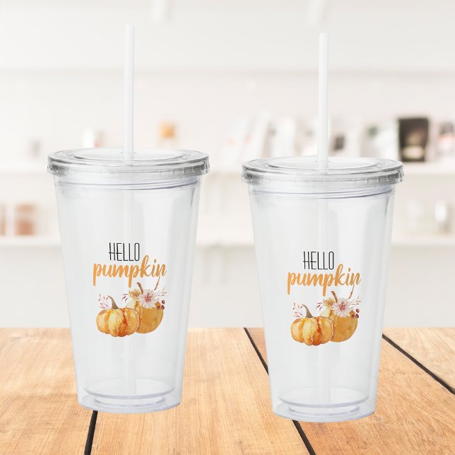 Modern Hello Pumpkin Orange Pumpkin With Flowers Acrylic Tumbler (Creator Uploaded)