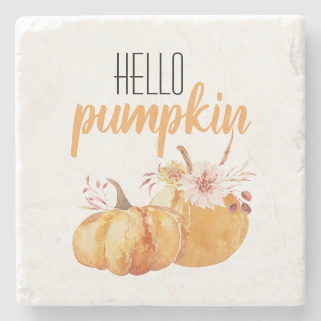 Modern Hello Pumpkin Orange Pumpkin With Flowers Stone Coaster (Front)