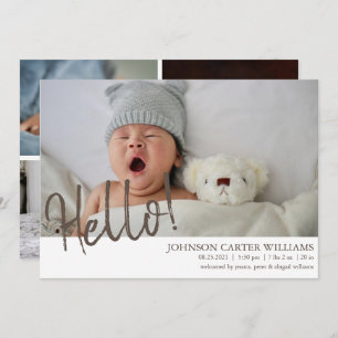Modern Hello Script 4 Photos Birth Announcement