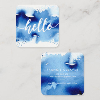 MODERN HELLO SCRIPT arty watercolor splash blue Square Business Card