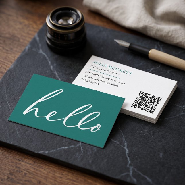 Modern "Hello" Script Business Card (Simulated business cards on table)
