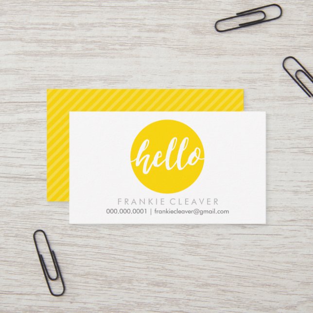 MODERN HELLO SCRIPT hand drawn bold spot yellow Business Card (Front/Back In Situ)
