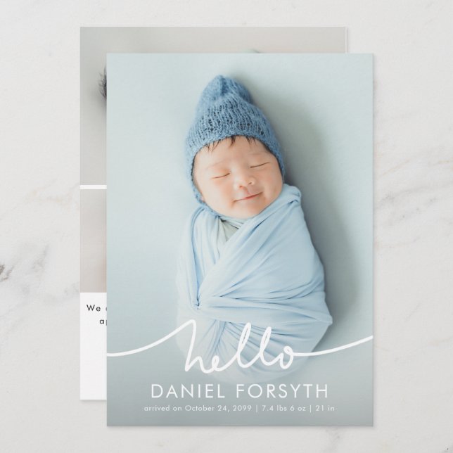 Modern Hello Script Newborn Baby Photo Birth Announcement (Front/Back)