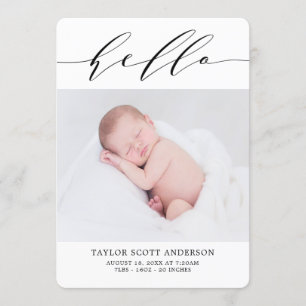 Modern Hello Script Photo Birth Announcement Card