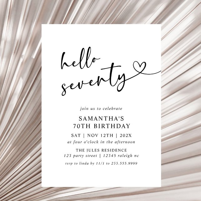 Modern Hello Seventy Black and White 70th Birthday Invitation (Creator Uploaded)