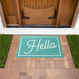 Modern Hello Teal White Script Family Name Doormat