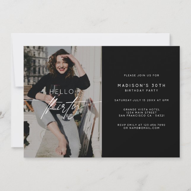 Modern Hello Thirty Birthday Party Photo Script  Invitation (Front)