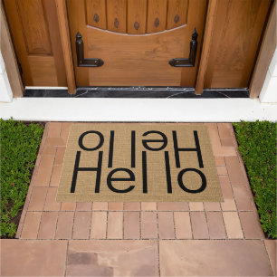 Modern Hello Welcome Word Art On Faux Burlap Doormat