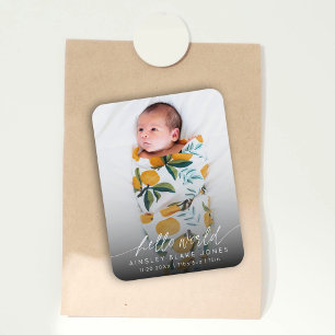 Modern Hello World Newborn Photo Elegant Script Magnet