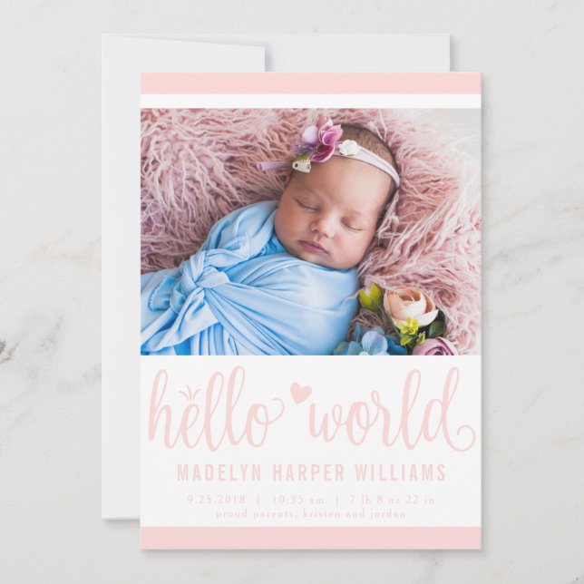 Modern Hello World Photo Blush Pink Birth Stat Announcement (Front)