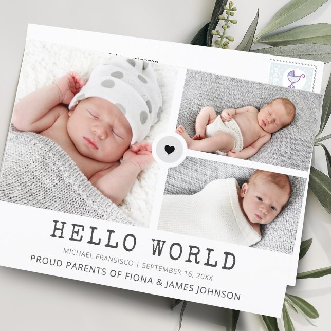 Modern Hello World Photos Grid Collage Birth Announcement Postcard (Creator Uploaded)