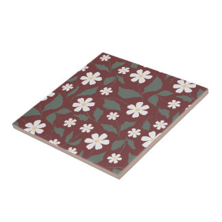 Modern Heritage Daisy Floral Dark Red & Green Tile