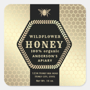 Modern Hexagon branch  gold bee honey jar Label