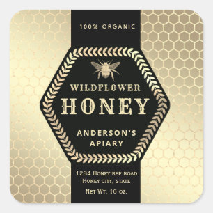 Modern Hexagon branch gold bee honey jar Label