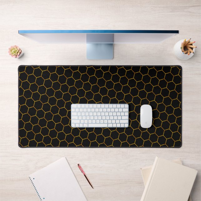  Modern Hexagon Pattern Cool Abstract Black & Gold Desk Mat (Office 1)