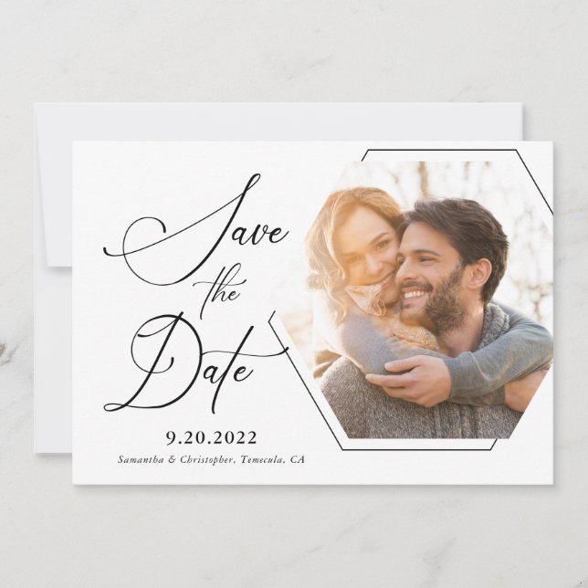 Modern Hexagon Photo Black and White Script Save The Date (Front)