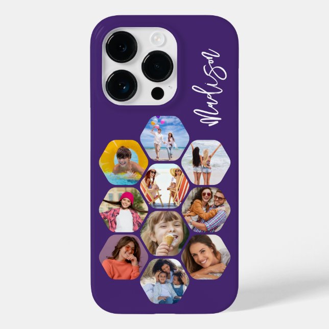 Modern Hexagon Photo Collage Personalized Name Case-Mate iPhone Case (Back)